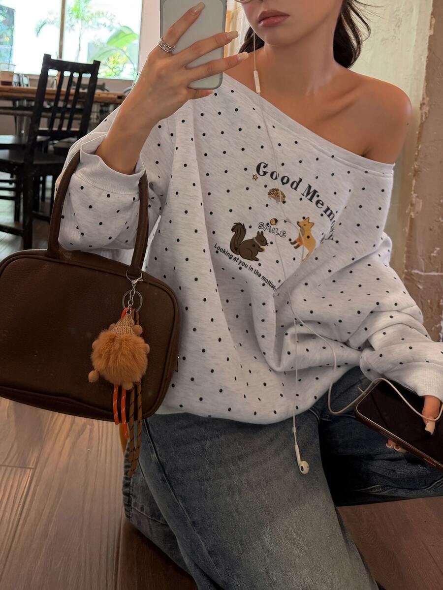 DAZY Women's Autumn/Winter Asymmetrical Shoulder Polka Dot Print Casual Sweatshirt - Light Grey - View 1