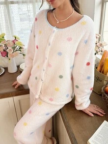 Snug Reverie طقم ملابس منزلية نسائي من قطعتين، بنقاط بولكا ملونة بتصميم رومانسي لطيف ومنعش، من الفليس ثنائي الوجه مع حواف متباينة، بأكمام طويلة وبنطال طويل - متعدد الألوان - مشاهدة 5