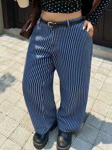 Rivivi Festival Plus Size Women's Blue Non-Stretch Striped Straight Leg Denim Pants - Dark Wash - View 5