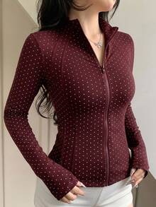DAZY Spring/Summer Black Polka Dot Outdoor Raglan Sleeve Slim Fit Waist-Cinching Sports Jacket - Burgundy - View 3