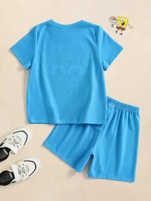 SpongeBob SquarePants | SHEIN 2pcs/Set Young Boy Casual Style Crew Neck Short Sleeve T-Shirt And Shorts Comfortable Two Pieces Set - Multicolor - View 2