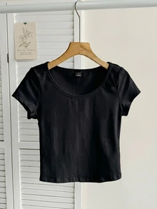 Tseoso Casual Minimalist Black Plus Size T-Shirt Cotton - Black - View 7