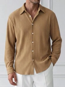 HUEFORM Men's Old Money Style Vertical Textured Knit Single-Breasted Shirt For Commuting - Khaki - View 3