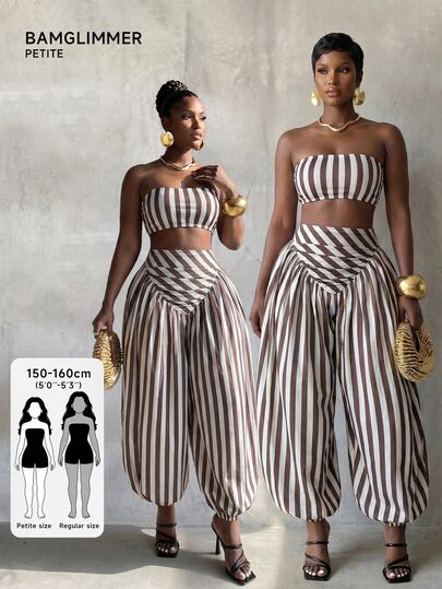 BamGlimmer Autumn/Winter New Oversized Design Striped Print Tube Top And Striped Long Loose Wide Leg Pants 2-Piece Set, Fashion Casual Style, Daily Wear, Party Gathering