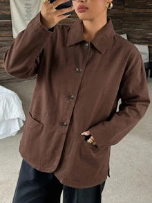 Dazy Plus Lapel Loose Long Sleeve Open Front Denim Jacket, Urban Casual Washed Denim Loose Jacket, Plus Size Autumn New Arrival - Brown - View 7