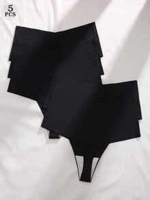SHEIN 5pcs/Set Comfortable Underwear (High Waist Seamless Thong) - Black - View 2