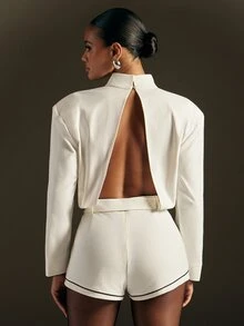Hauture Solid Color Semi-High Neck Long Sleeve Contrast Trim Double Button Waist-Cinching Romper, Minimalist Elegant Jumpsuit For Commute And Vacation - White - View 2