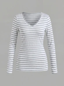 SHEIN EZwear 53%棉 灰色與白色條紋休閒百搭女款V領簡約修身長袖T恤，適合秋冬，百搭內搭層 - 彩色 - 查看 3