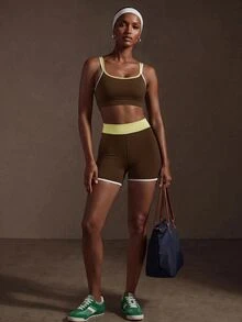 Zivah Women's Contrast Trim Cropped Camisole Tank Top & Shorts Sportswear Set Gym Workout Activewear Outfit For Autumn - Brown - View 9