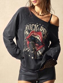 Bohemela Women's Autumn Casual Red Lip Print Asymmetric Collar Sweatshirt - Black - View 5