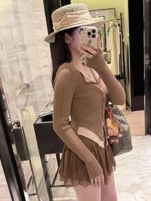 DAZY Maillard Style Contrast Color Patchwork 2 In 1 Slim Fit V-Neck Long Sleeve Knit Base Layer Top For Women, Autumn - Khaki - View 3