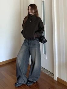 DAZY Celana Jeans Denim Longgar Kasual Wanita dengan Blok Warna untuk Musim Gugur - Grey - View 9