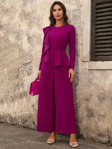 Ellevyn Women's Elegant Mature Commute Dinner Cocktail Party Night Dinner Party Solid Color Ruffle Trim Jumpsuit Wedding Magenta Autumn Wedding - Red Violet - View 9