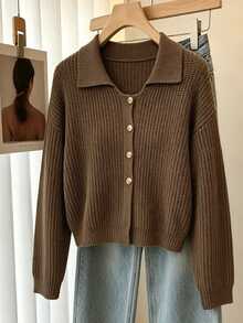 SHEIN Franclia Women's Autumn/Winter Elegant Commute Lapel Knit Cardigan, Solid Color Single-Breasted Long Sleeve Sweater, Suitable For Daily Commute, Outing And Other Occasions - Brown - View 3