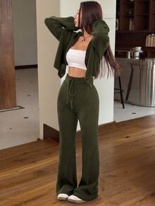 SHEIN EZwear 2件組女款休閒純色寬肩帶開襟衫與抽繩腰喇叭褲套裝，秋冬款 - 軍綠色 - 查看 3