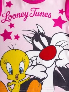 LOONEY TUNES X SHEIN 女童字母印花長袖T恤與長褲家居服套裝 - 粉色 - 查看 3