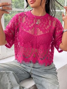 Solflare Plus Size Women's Sheer Lace Top In Rose Red - Hot Pink - View 1