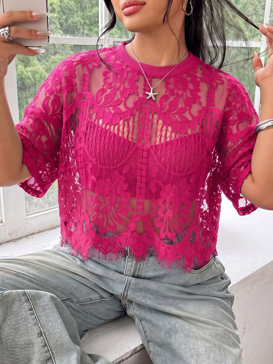 Solflare Plus Size Women's Sheer Lace Top In Rose Red - Hot Pink - View 1