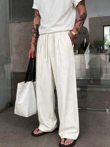 STEELVANCE Men's Solid Color Drawstring Waist Pleated Straight Leg Casual Pants - White - View 4