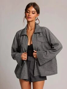 SHEIN BAE 女款秋冬日常通勤百搭紋理翻領金屬拉鍊彈性收腰長袖夾克 - 灰色 - 查看 2