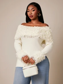 Radiana Plus Size Women's Solid Color Off-Shoulder Long Sleeve Side Slit Hem Fashion Pullover Sweater Fall - White - View 3