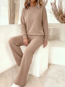 SHEIN Women's Autumn Casual Solid Color Sweatshirt And Pants 2 Pieces Set - Khaki - View 3