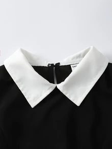 SHEIN Tween Girls Fall Dresses Shirt Collar Mesh Sleeve Pearl Decor Preppy Elegant Knit Fitted Floral Loose Ruched Halloween School Graduation White Black - Black - View 5