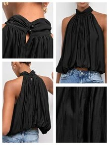Maija Women's Solid Color Pleated Fashion Elegant Halter Top Party Cocktail Night Out Black Summer - Black - View 4