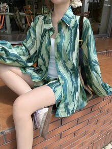 DAZY Cute Lapel Shirt Loose Long Sleeve & Straight Leg Shorts 2 Pieces Set Lounge Sets For Women - Green - View 6
