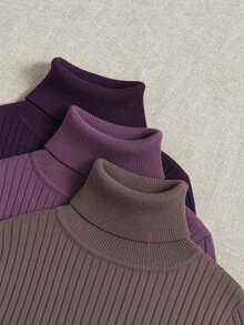SHEIN LUNE 女款素色高領長袖休閒套頭毛衣 - 紫色 - 查看 3