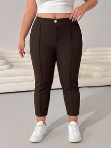 Solflare Chocolate Brown Plus Size Fitted Button Capris - Chocolate Brown - View 6