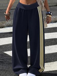 SHEIN 青少年女孩海軍藍針織寬鬆版型運動衫與織帶長褲 - 藏蓝色 - 查看 2