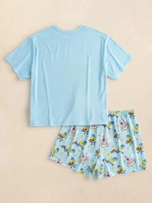 SpongeBob SquarePants | SHEIN Plus Size Cartoon Print Top & Shorts Pajama Set - Baby Blue - View 2
