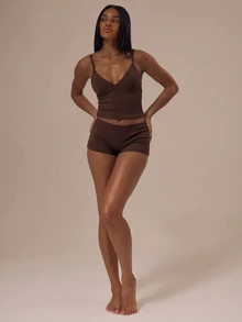 MUSERA Pointelle Triangle Adjustable Strap Cami Top With Picot Trim Fitted Boy Shorts Two Pieces Set Lingerie Evening Everyday Summer - Brown - View 5