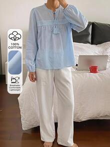 DAZY 2pcs Lace Patchwork Long Sleeve & Long Pants Women's Pajama Set Fall - Blue - View 3