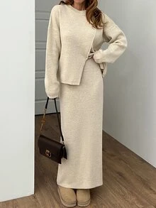 SHEIN Women Asymmetrical Cut High Neck Sweater And Maxi Knit Sweater Kirt 2pcs Set Co-Ords - Beige - View 4