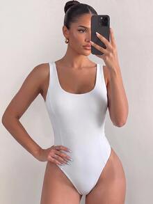 Sirith Women's Sexy And Elegant White Square-Neck Sleeveless Athletic Bodysuit - White - View 3
