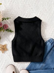 SHEIN Atasan Rajut Kasual Serbaguna untuk Sehari-hari, Warna Polos, untuk Anak Perempuan Muda - Hitam - View 2