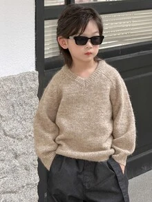 Dazy Kids Boys (Small) V-Neck Long Sleeve Casual Loose Thick Inner Layer Sweater, Autumn/Winter - Apricot - View 7