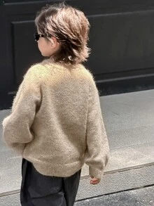 Dazy Kids Boys (Small) V-Neck Long Sleeve Casual Loose Thick Inner Layer Sweater, Autumn/Winter - Apricot - View 2