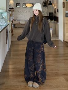 Livesso Women's Floral Pattern Wide Leg Loose Casual Denim Jeans Fall - Blue - View 4