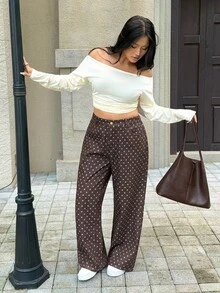 Flexra Plus Size Polka Dot Print Straight Leg Jeans Vacation Fashion Week 1960s 80s  Fall Auutumn Wide Brown Academic Style Retro Sportswear Campus
Campus - Brown - View 5