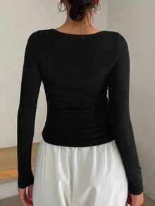 DAZY Women's Minimalist Button Half-Placket Long Sleeve T-Shirt For Daily Wear Fall - Black - View 4