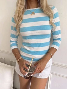 CovetEZ 95%棉女款休閒七分袖修身T恤，薄荷藍條紋，女款秋冬服飾 - 彩色 - 查看 5