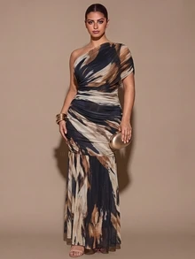 SHEIN BAE CURVE 大尺碼女款紮染花卉長洋裝 - 彩色 - 查看 1