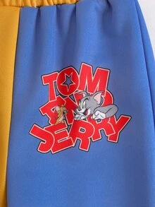 TOM & JERRY X SHEIN 男嬰卡通印花圓領長袖衛衣與運動長褲休閒套裝 - 黃色 - 查看 7