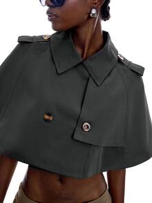 LYSMO Women's Solid Color Double-Breasted Cape Trench Coat - Dark Grey - View 3