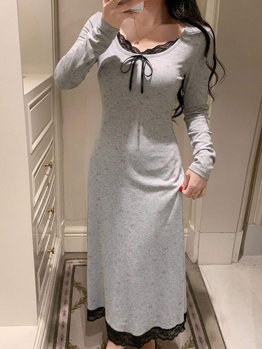 DAZY Autumn/Winter Bow Pattern All-Over Print Contrast Color Lace Patchwork Waist-Cinching Long Women's Nightgown - Grey - View 1