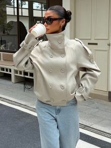 Muchica Women's Solid Color Stand Collar Casual Versatile Daily Commute Trench Coat Jacket Work Everyday Light Grey Autumn - Khaki - View 1
