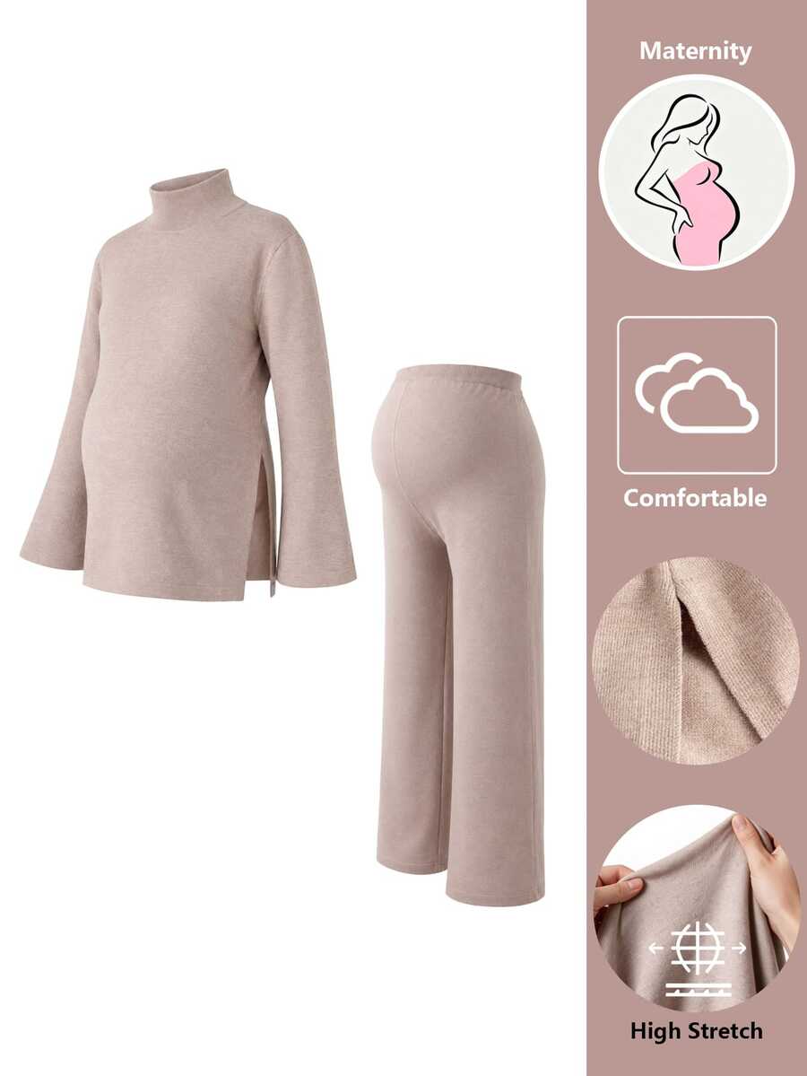 Momance Maternity Sweater Set Loose Fit Half-High Neck Bell Sleeve Split Hem Top & Adjustable Waist Pants Casual Everyday Solid Color Versatile Knitwear Set - Khaki - View 1